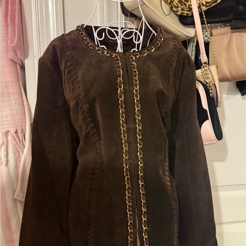 Hal Rubenstein Brown genuine leather Jacket with Gold Chain Detail